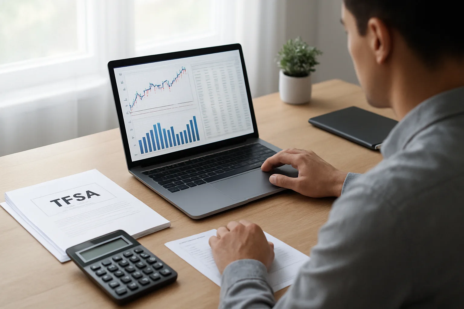Person reviewing TFSA dividend strategy on a laptop with financial charts