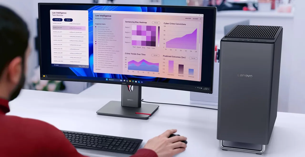 Lenovo ThinkCentre X desktop with RTX 5060 Ti and 256GB RAM on an office desk