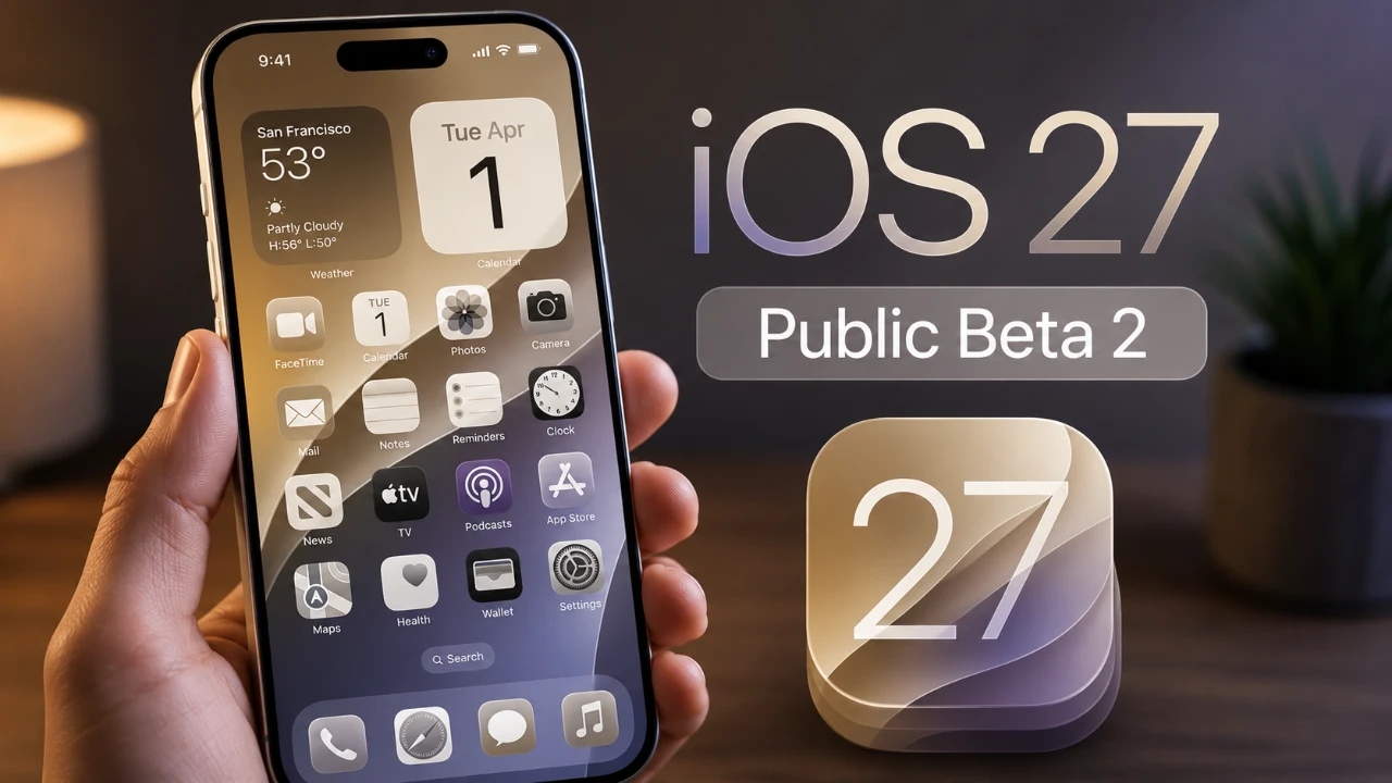 iPhone running iOS 27 Public Beta 2 lock screen interface