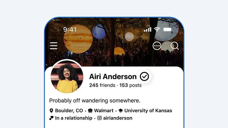 Facebook Verified badge concept on Meta office building exterior