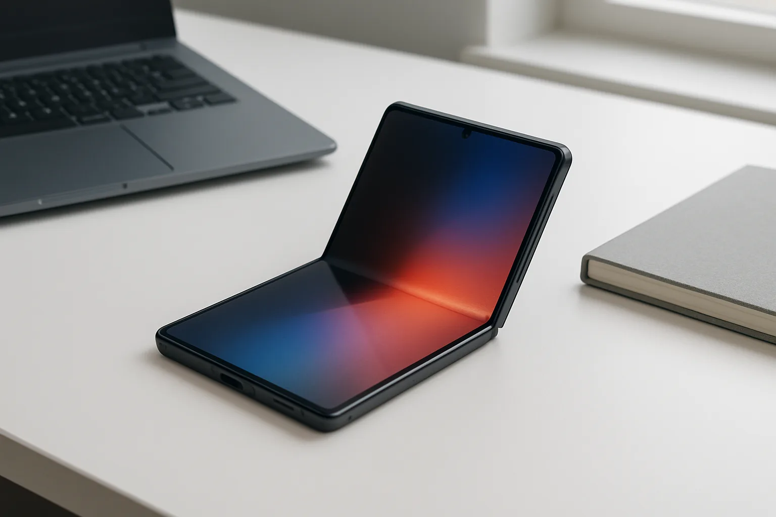 Samsung Galaxy Z Fold 8 foldable phone open on a desk