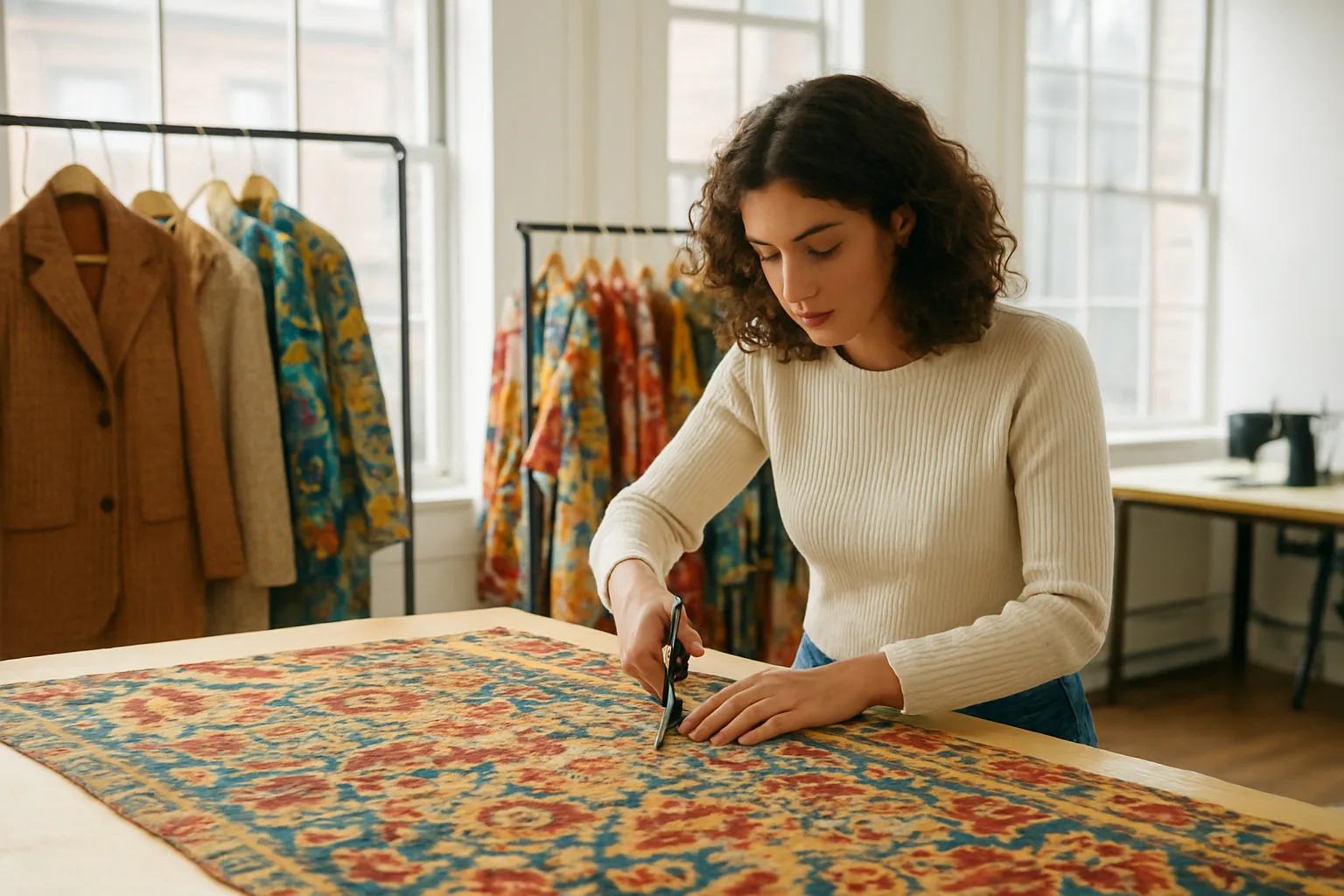 LilyEve slow fashion designer posing with upcycled Hermès coat