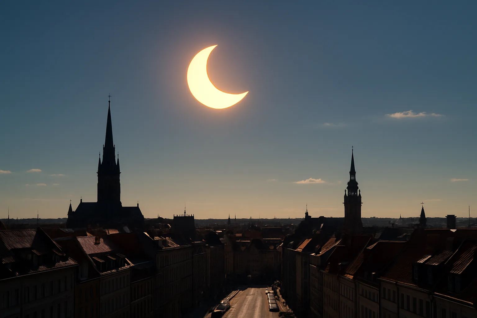 Solar eclipse over Europe sky during daytime, solar eclipse visibility across UK and Europe