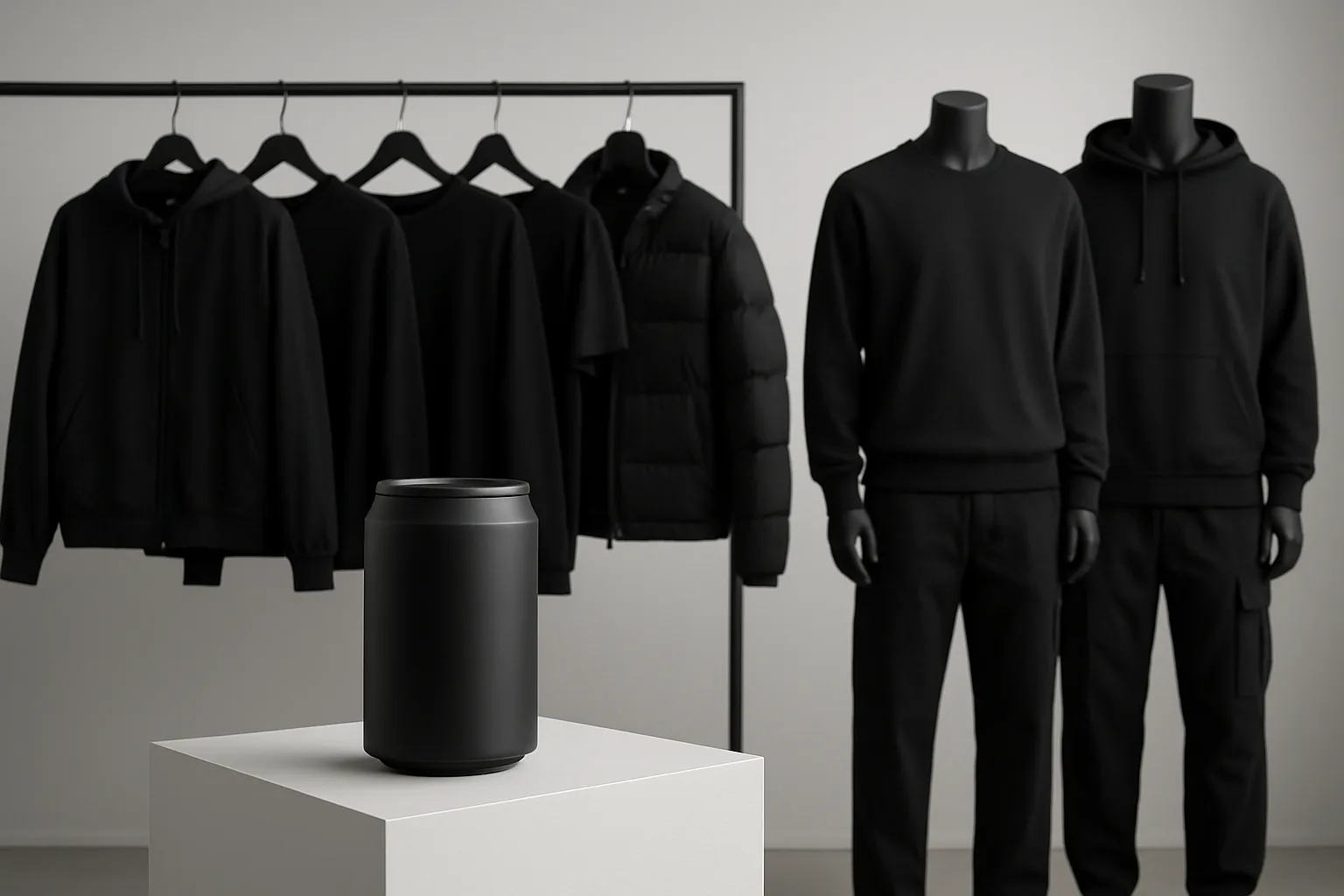 Blvck Paris x Pringles collection display with all-black streetwear and matte black Pringles can