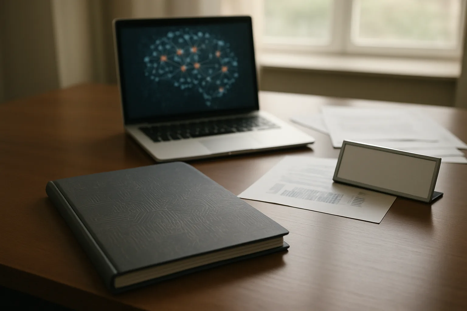 Desk scene showing papers and laptop related to Burnham tech department decisions