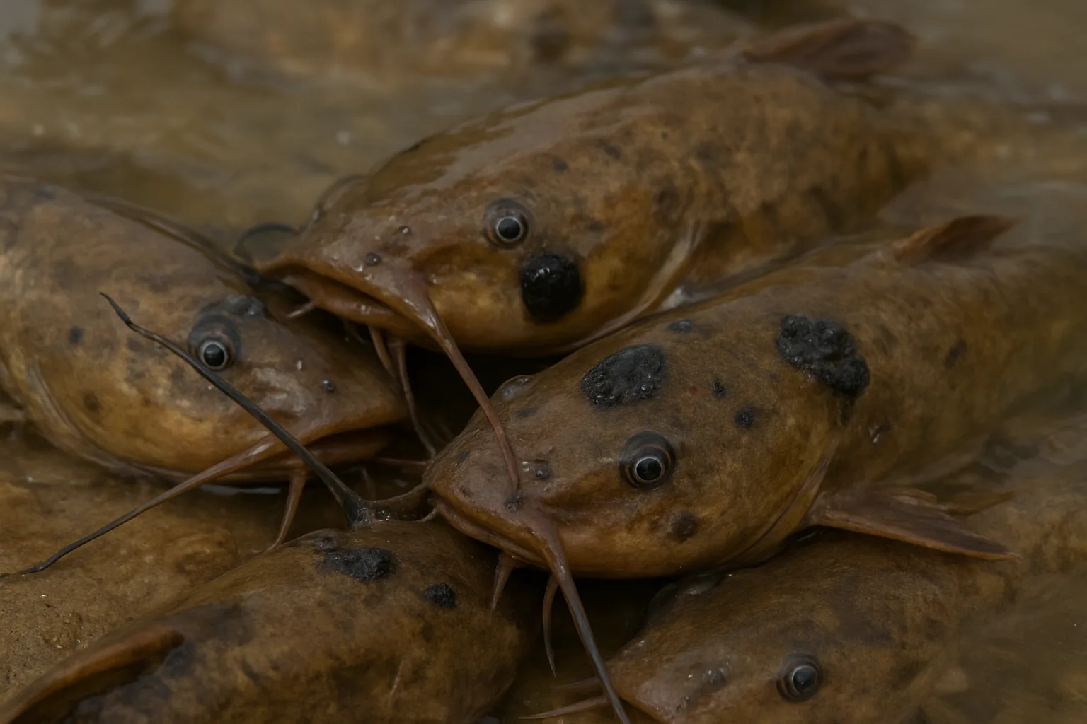 brown bullhead catfish showing contagious cancer melanoma lesions in Lake Memphremagog