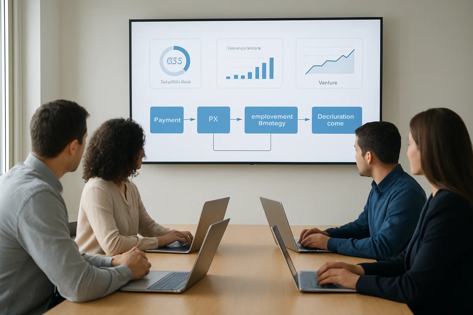 Team reviewing a cross-border crypto payment stack flow on a large screen