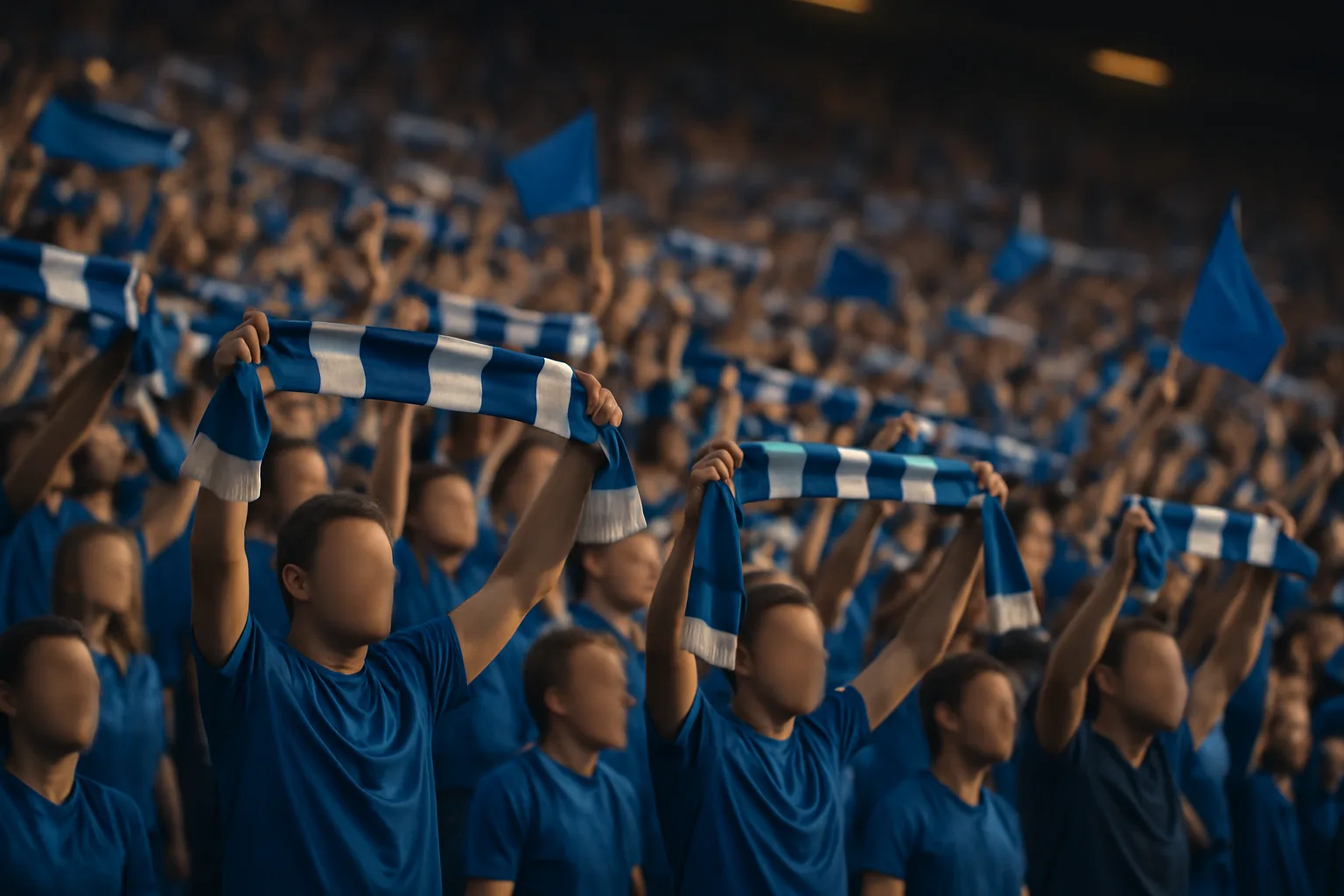 Supporters in blue scarves showing support for Enzo Maresca