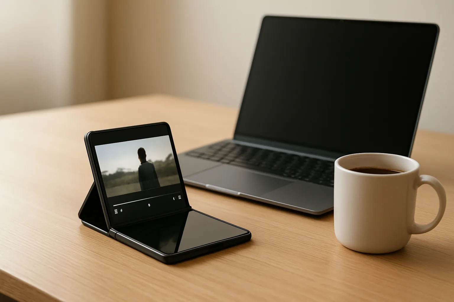 Foldable phone on desk illustrating Galaxy Z Fold 8 vs Z Fold 8 Ultra use for work and play