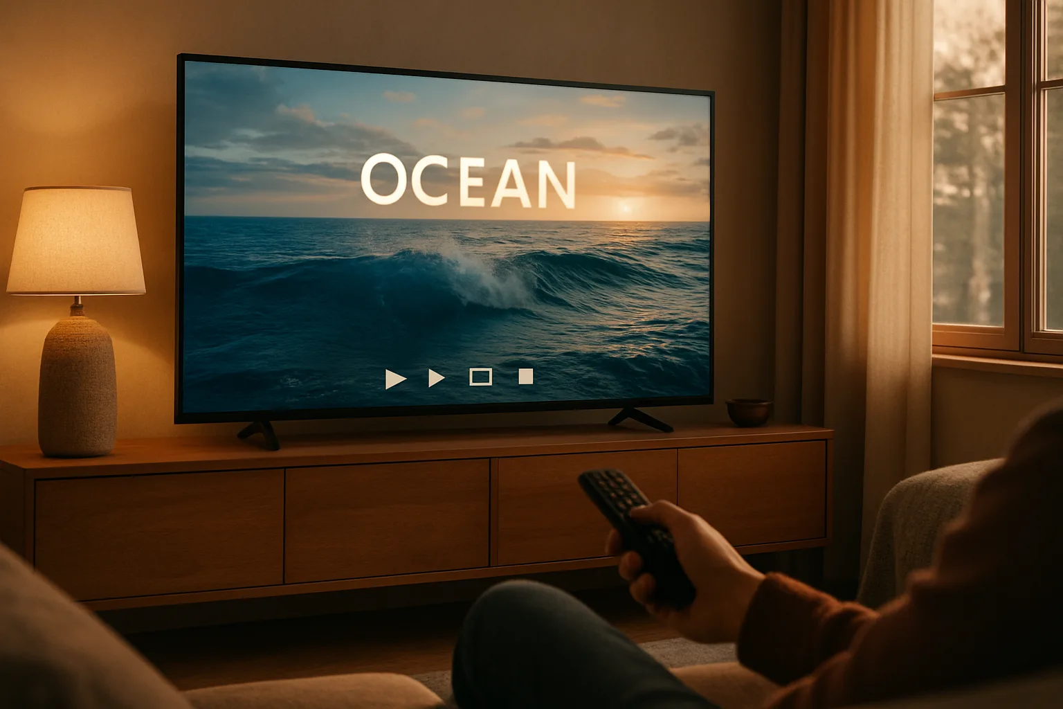 Person on sofa using streaming app to watch Jurassic Sharks special on TV
