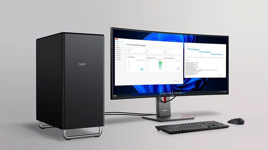 Lenovo ThinkCentre X desktop with RTX 5060 Ti and 256GB RAM on an office desk