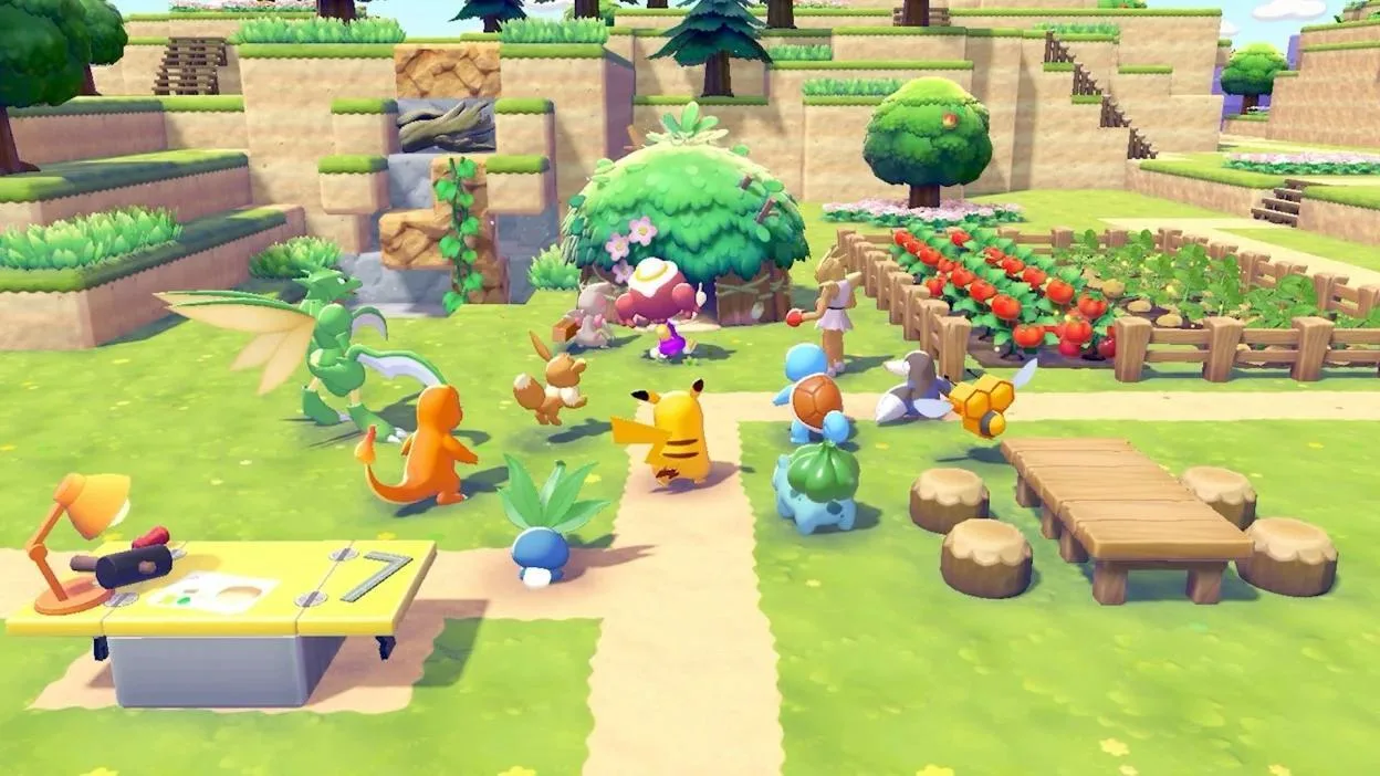 Player preparing for Pokémon Pokopia Bubbly Basin with underwater sandbox build on TV