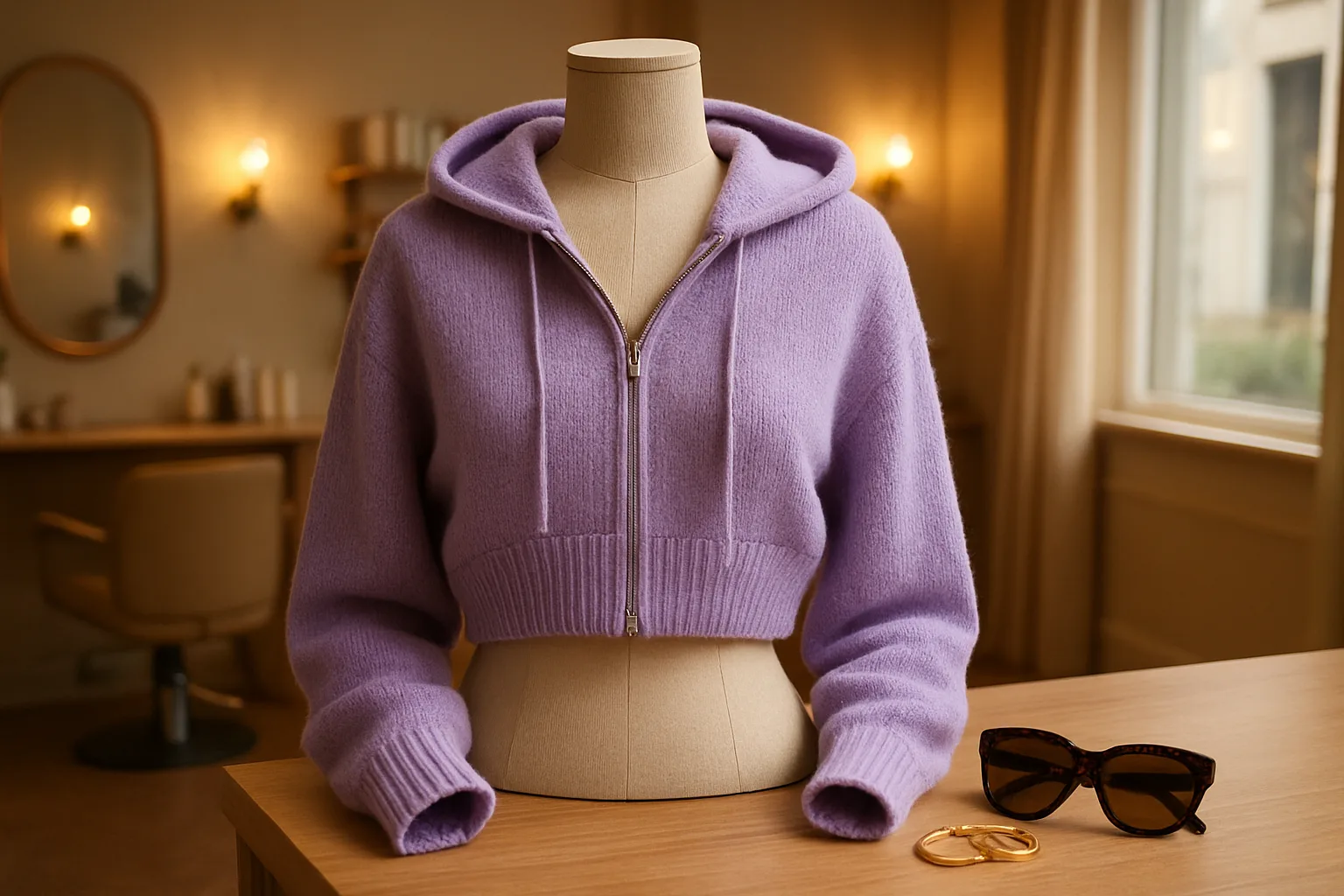 Savage x Fenty hoodie styled as a plunging knit look in a salon-inspired setting