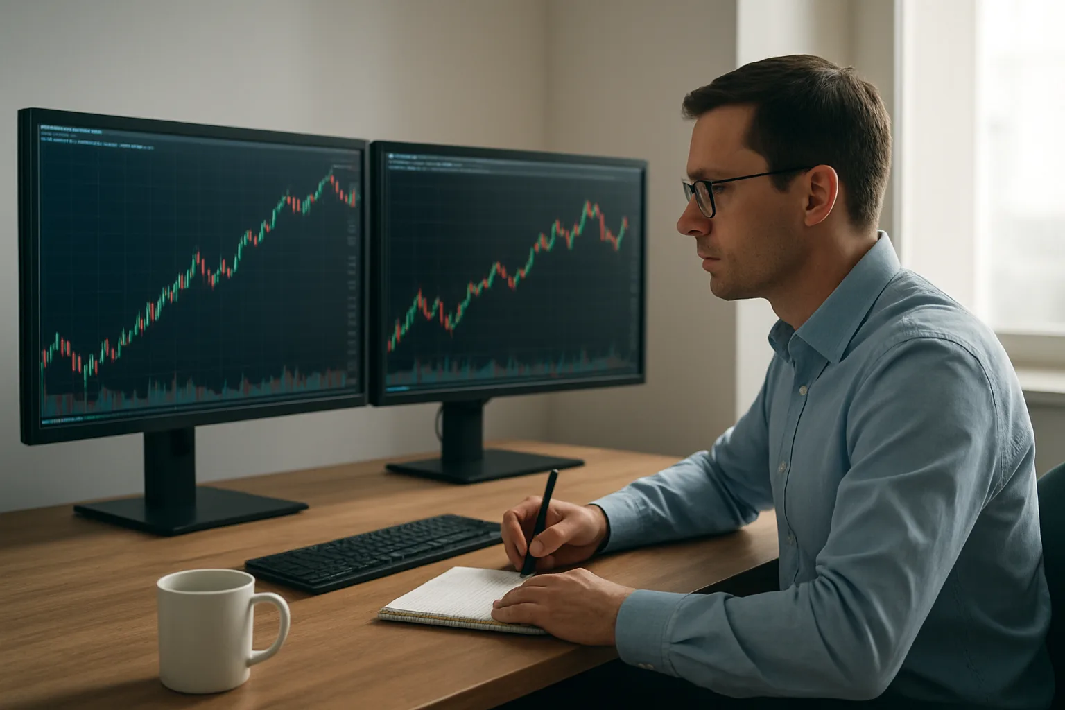 Analyst reviewing Netflix stock charts on computer screens