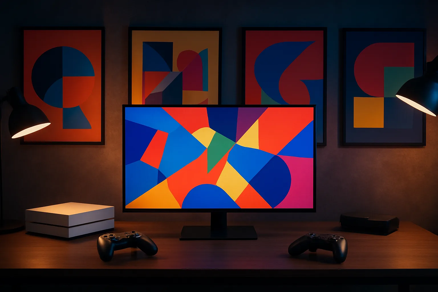 Video game design workspace showing The Designers Republic inspired posters and gear