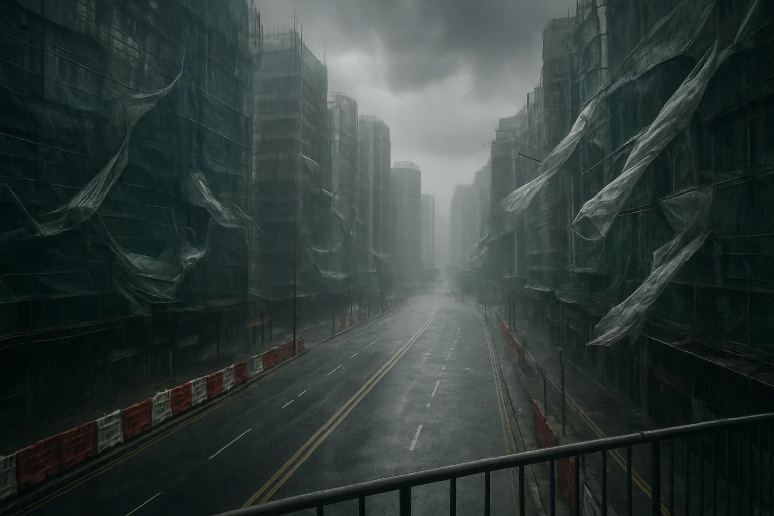 Typhoon Noul battering Hong Kong scaffolding along a city road