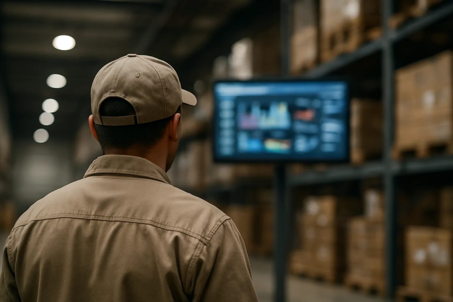 visibility gap shown by warehouse worker unable to see performance data on screen