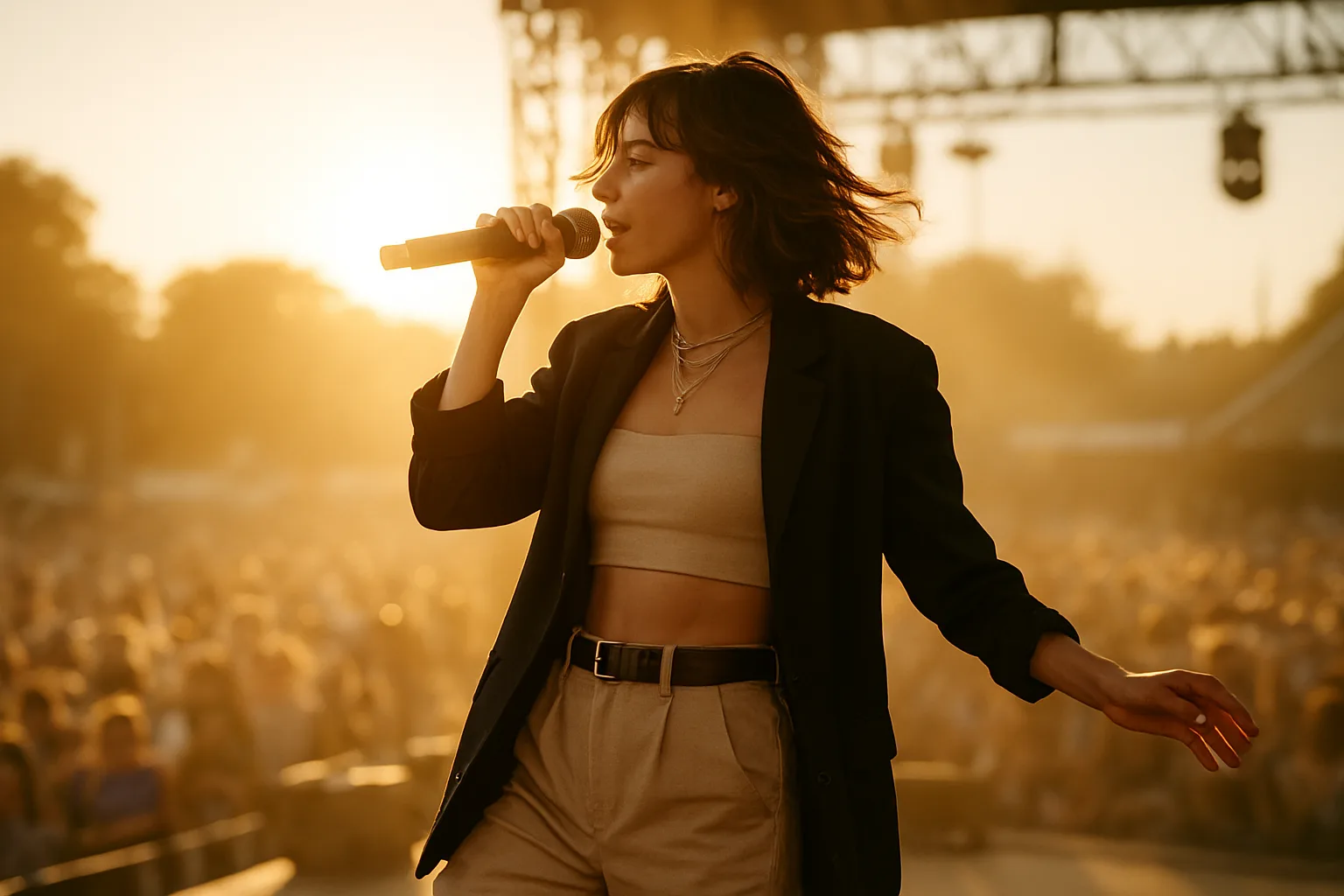 women in music performing live with warm summer stage lighting