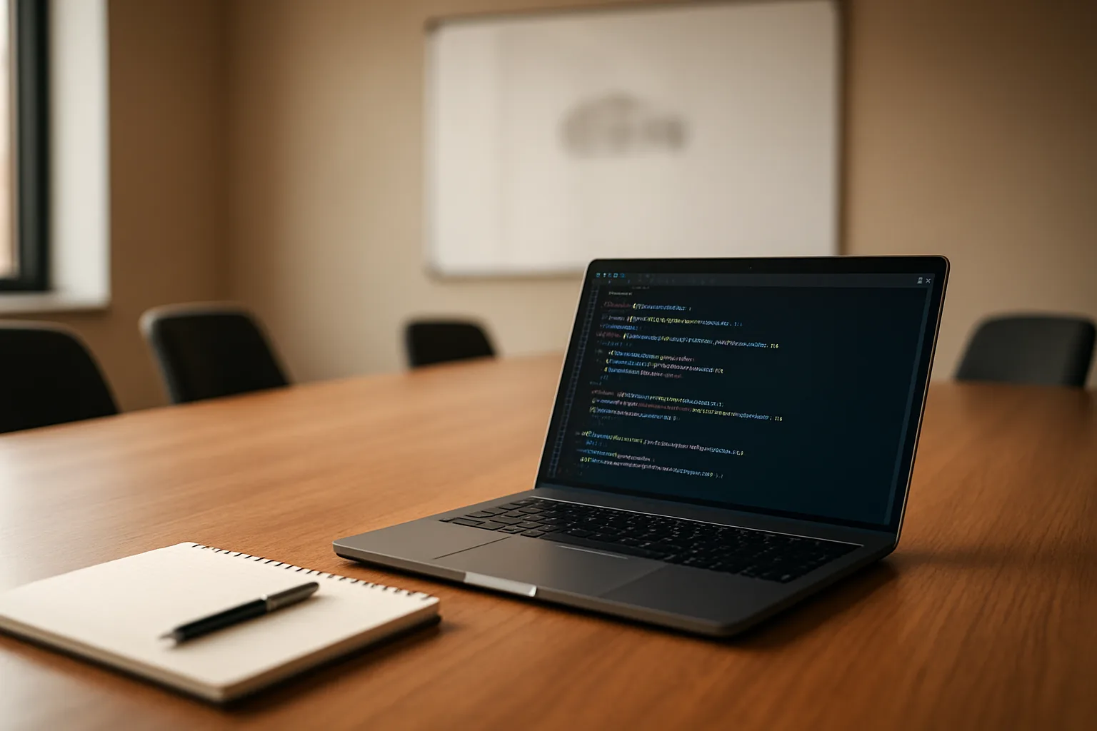 Xbox executive exit: empty meeting room with laptop showing code