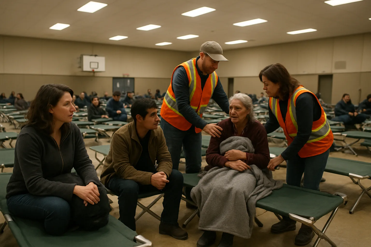 Evacuees from BC wildfires resting on cots inside a community evacuation center