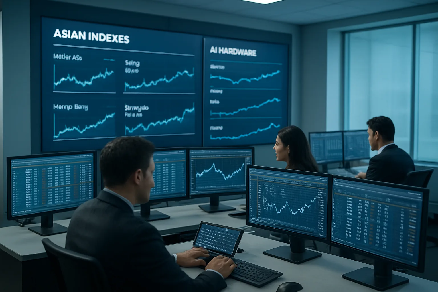 Analysts track Chinese AI stocks and regional indexes on trading screens after US import ban news
