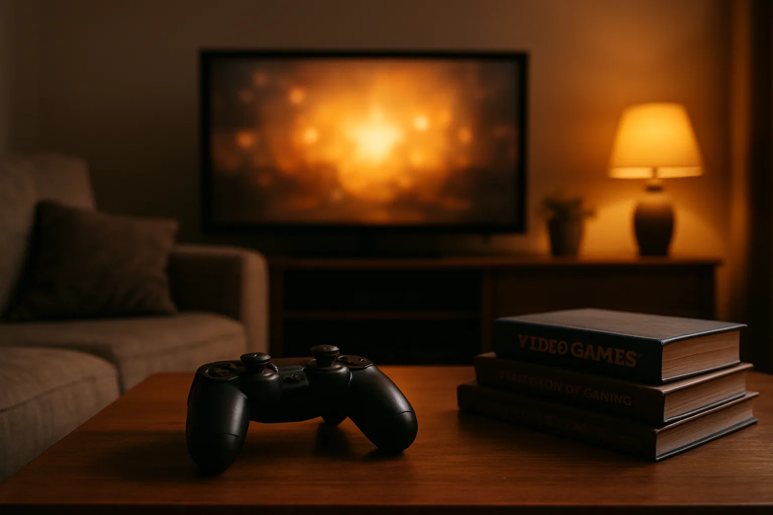 Living room gaming setup with books including CTRL: Essays on Video Games