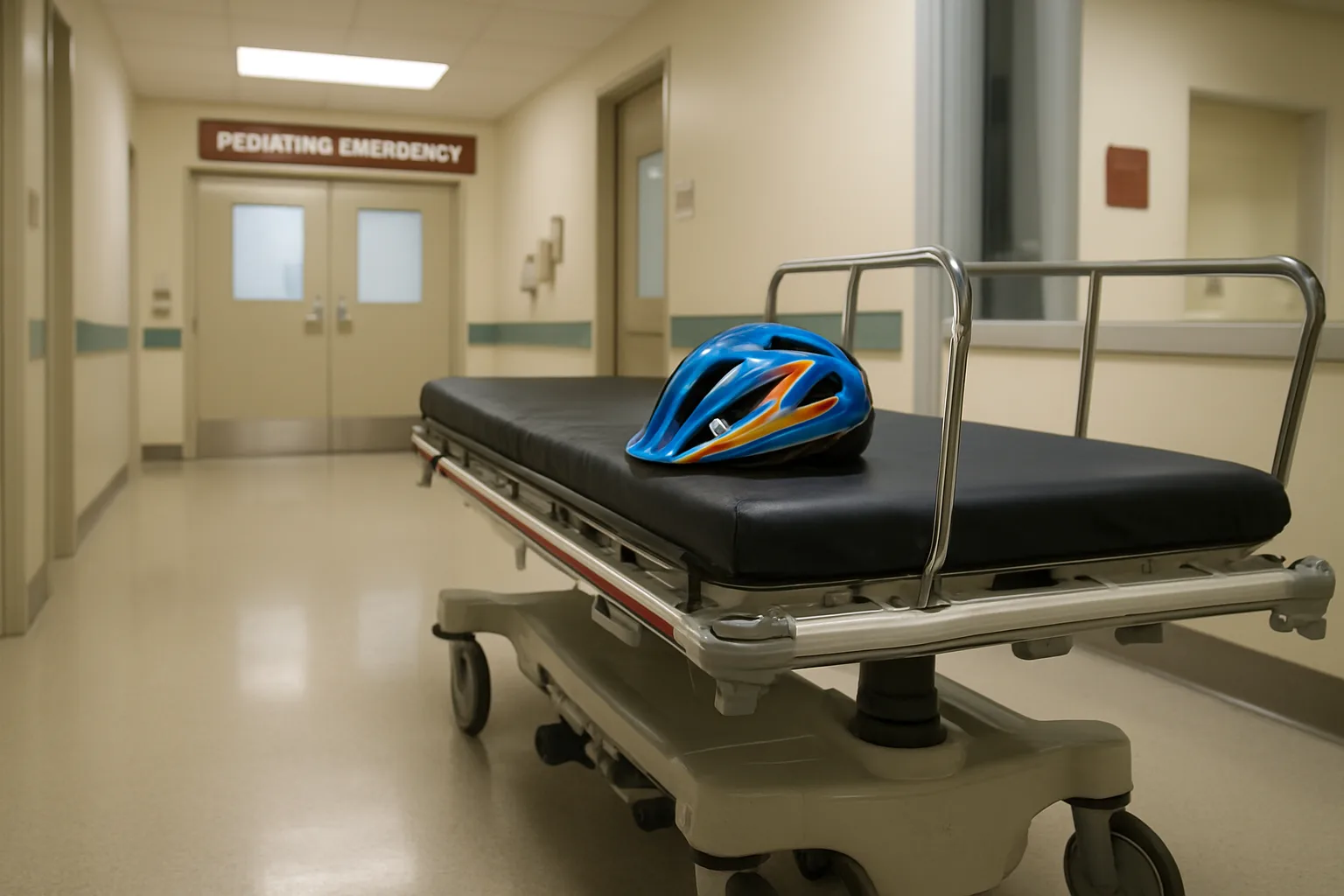 Hospital corridor with gurney and child’s helmet illustrating e-bike injuries in children