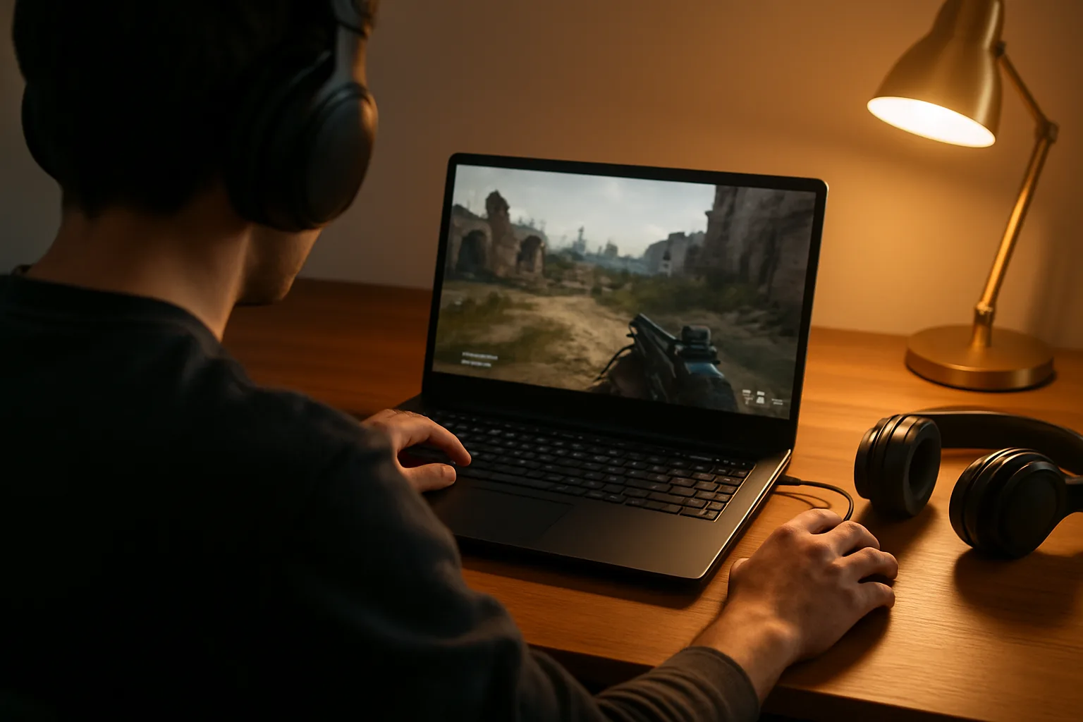 Person gaming on a Gigabyte A16 gaming laptop at a desk