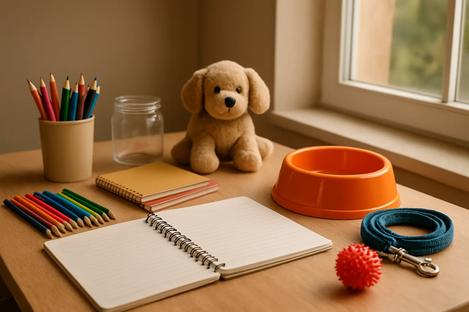 Creative workspace for Hendrix Pet Co showing notebooks and pet accessories