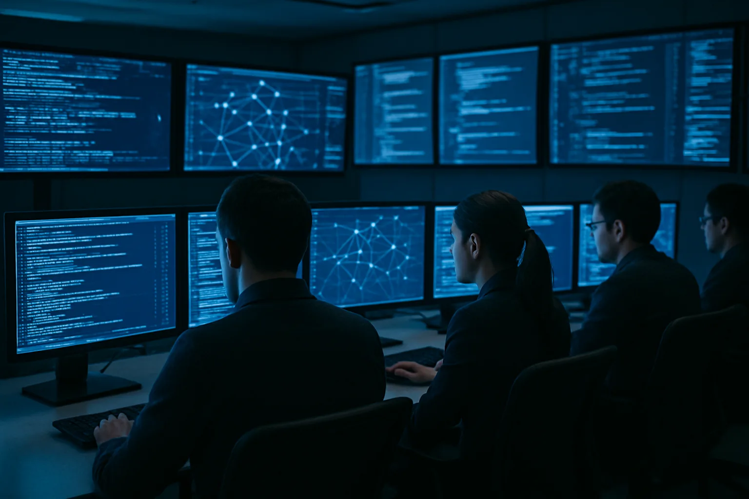 Security analysts monitor AI cyber attacks and rogue bots in a dark operations center