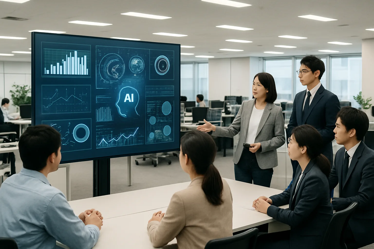Office workers at Japanese companies reviewing AI deployment data on a large screen