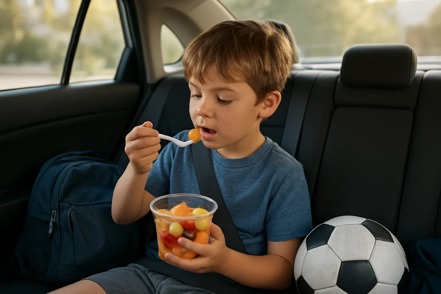 Child eating an on-the-go healthy snack, illustrating kid snacking