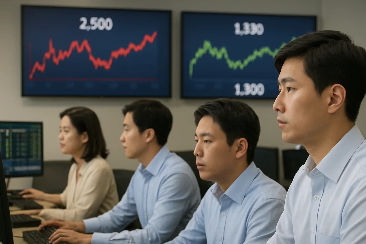 Traders watch KOSPI surge and steady won-dollar exchange rate on Seoul dealing room screens
