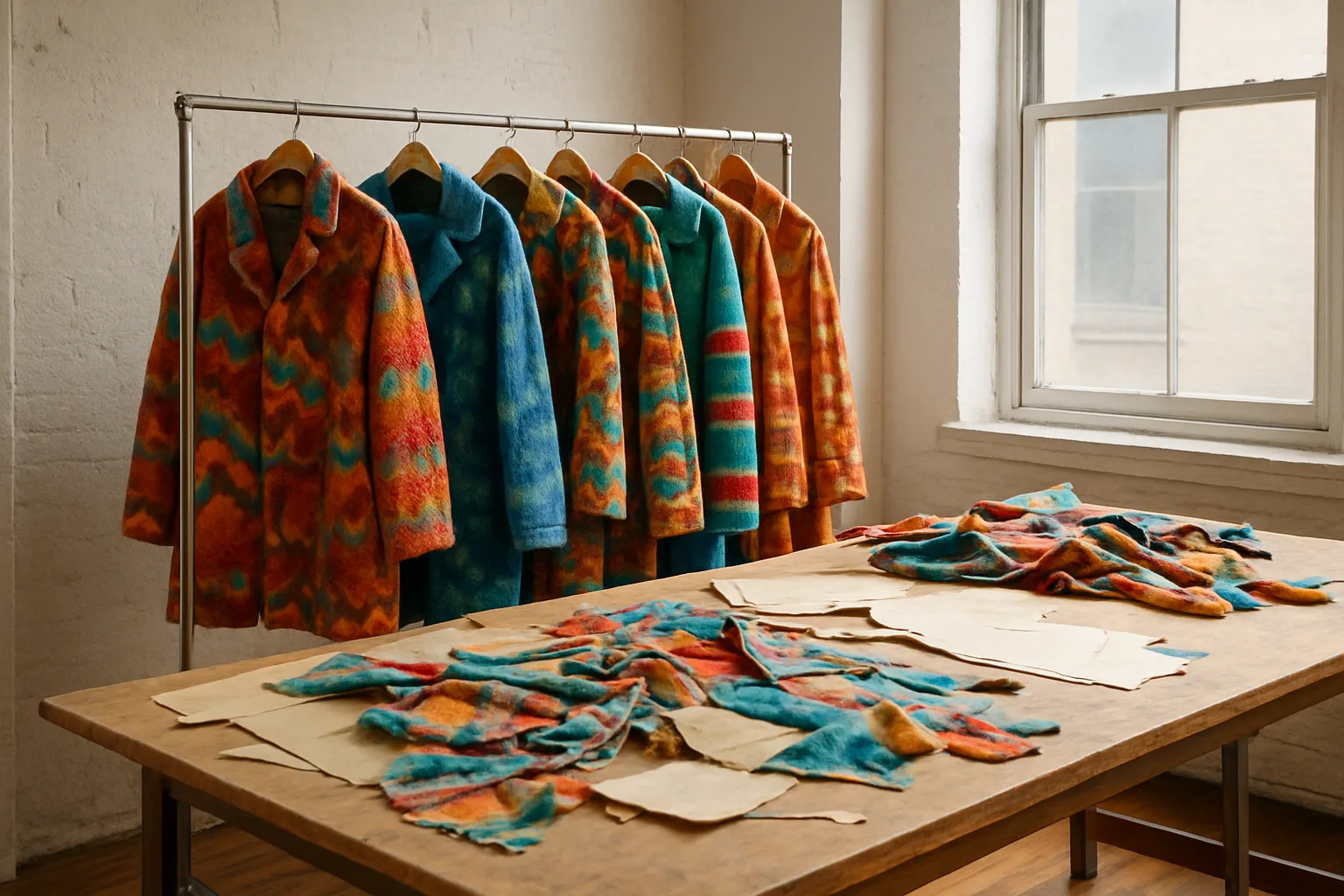 LilyEve slow fashion studio with upcycled Hermès-inspired coats on a rack