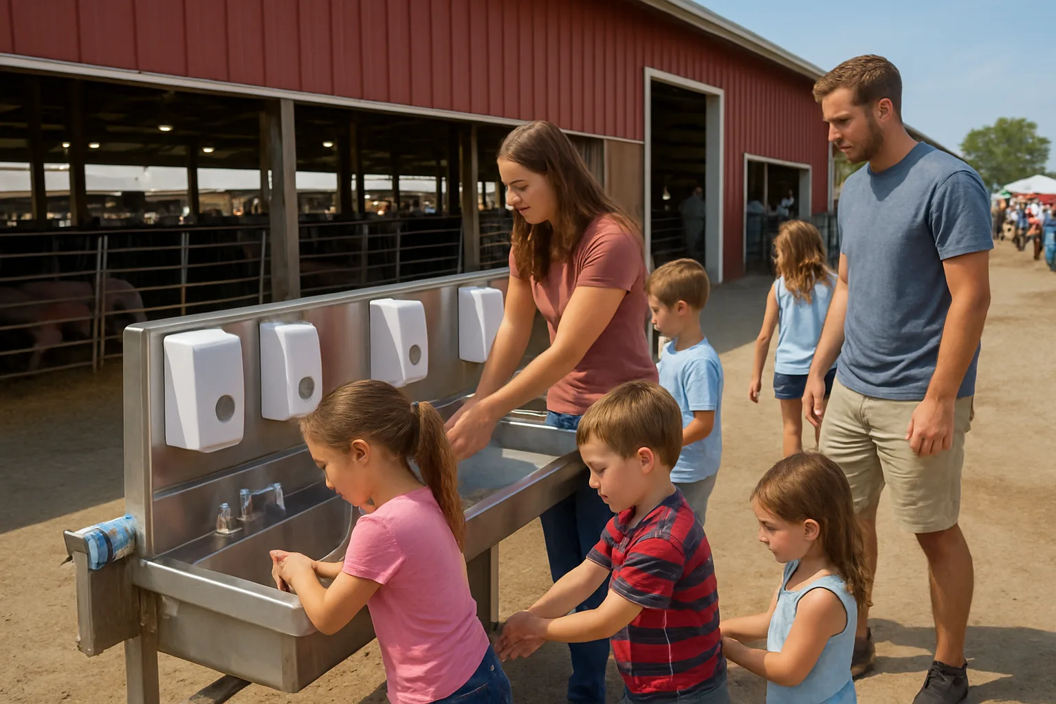 Families follow Michigan swine flu safety advice at a fair handwashing station