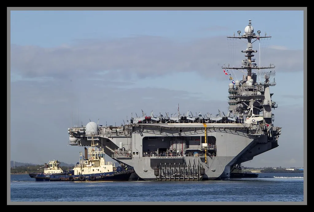 Flight deck crew on US aircraft carrier USS George Washington during Iran war operations