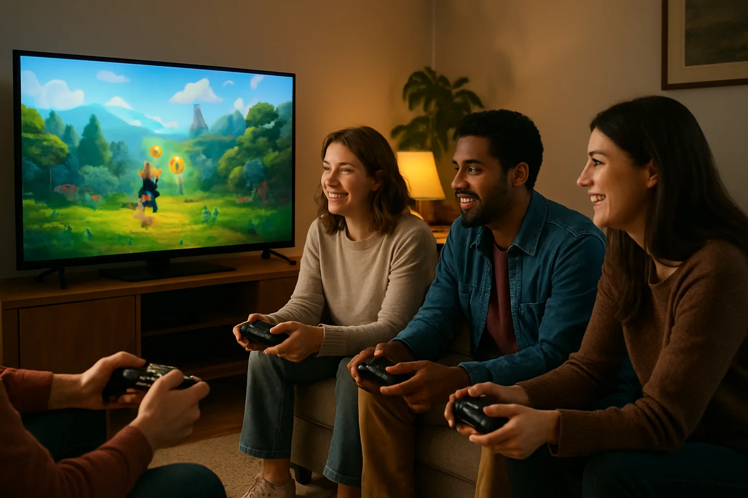 Friends on a sofa playing a cosy co-op game together, part of what we’ve been playing this week.